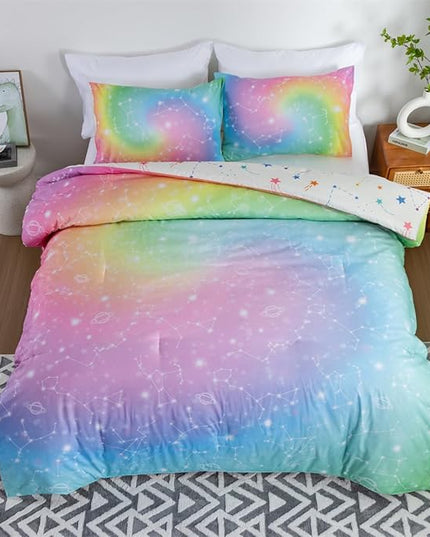 Holawakaka Tie Dye Constellation Print Rainbow Ombre Comforter Set Queen Size Girls Boys Gradient Galaxy Bedding Sets Teens Boho Bed Set(Multi,Queen) - LeafyLoom