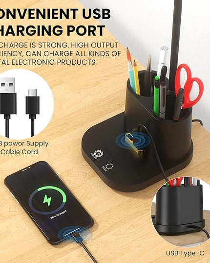 LED Desk Lamp with 2 USB Charging Port, 2 Pen Holders 3 Color Modes Dimmable Reading Light Desk Light, LED Small Desk Lamp Flexible Gooseneck Touch Table Lamp for Bedside Office Home, AC Adapter - LeafyLoom
