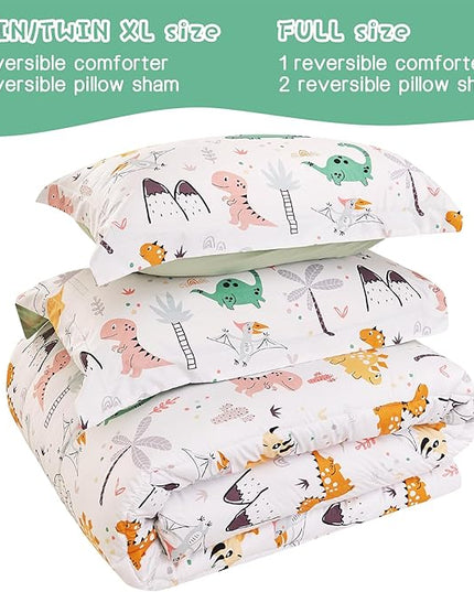 Dinosaur Kids Comforter Set for Boys Twin, Cute Reversible Quilted Dino Printed Bedding Set with Pillow Sham, Lightweight Soft Breathable Machine Washable Bed Set 2 Piece - LeafyLoom