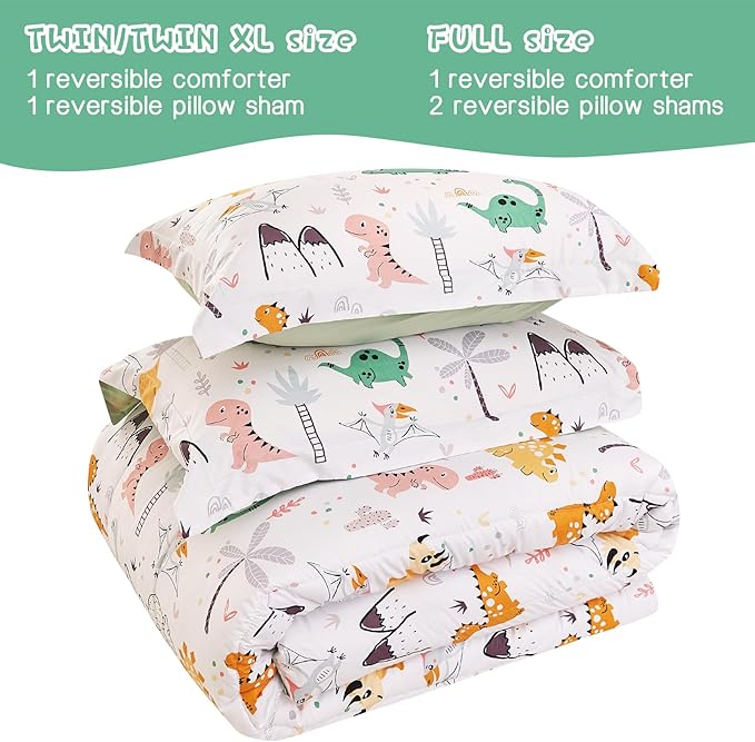 Dinosaur Kids Comforter Set for Boys Twin, Cute Reversible Quilted Dino Printed Bedding Set with Pillow Sham, Lightweight Soft Breathable Machine Washable Bed Set 2 Piece - LeafyLoom