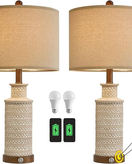 BOBOMOMO 24.5'' 3-Way Dimmable Touch Control Table Lamp Set of 2 with Dual USB Charging Ports for Bedroom Living Room Vintage Rustic Farmhouse Traditional Nightstand Bedside Lamps(Bulbs Included) - LeafyLoom
