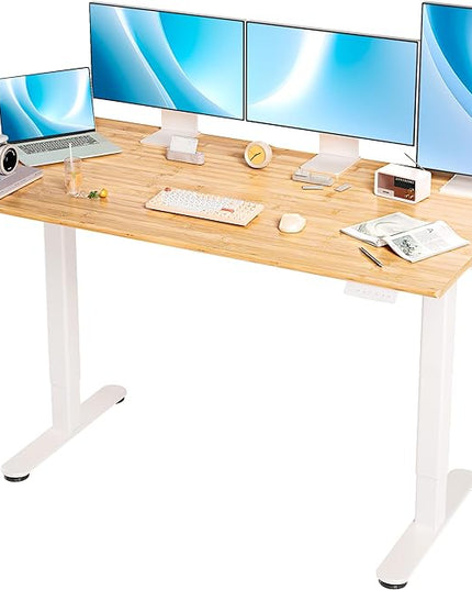 Bamboo Electric Standing Desk, 55x24 Inches Adjustable Height Stand up Desk with Whole Piece Desktop, Sit Stand Home Office Desk White Frame/Bamboo Top - LeafyLoom