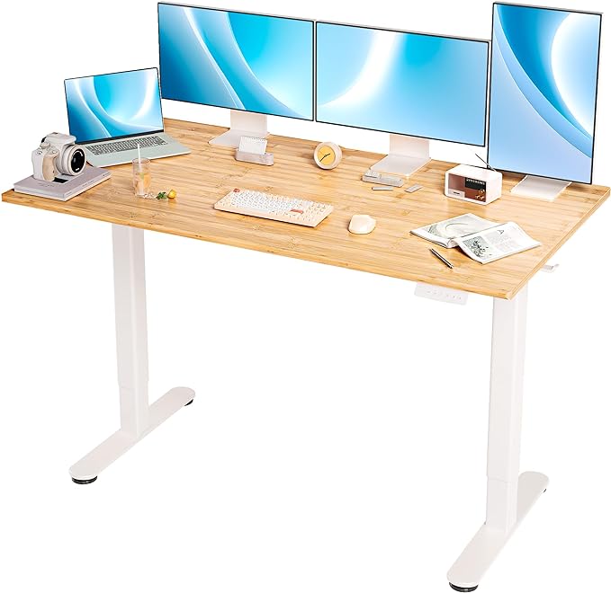 Bamboo Electric Standing Desk, 55x24 Inches Adjustable Height Stand up Desk with Whole Piece Desktop, Sit Stand Home Office Desk White Frame/Bamboo Top - LeafyLoom