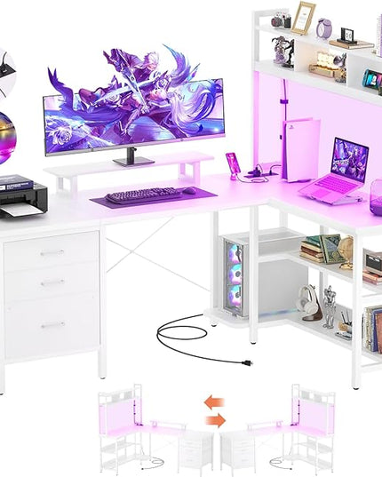 Aheaplus L Shaped Gaming Desk with Hutch, Gaming Desk with Led Lights, Reversible Computer Desk with Power Outlet, Corner Desk with File Drawer & Monitor Stand, Storage Shelves for Home Office, White - LeafyLoom