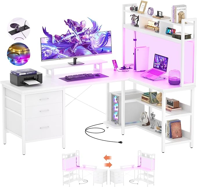 Aheaplus L Shaped Gaming Desk with Hutch, Gaming Desk with Led Lights, Reversible Computer Desk with Power Outlet, Corner Desk with File Drawer & Monitor Stand, Storage Shelves for Home Office, White - LeafyLoom
