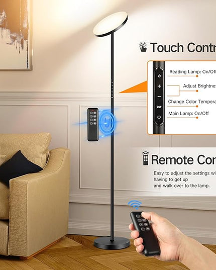 OUTON LED Torchiere Floor Lamp, Super Bright Dimmable Tall Standing Lamp with Remote Touch Control, 4 Color Temperatures, 1-Hour Timer for Living Room, Bedroom, Office (Classic Black) - LeafyLoom