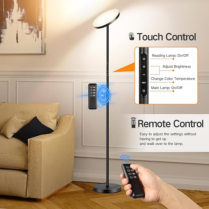 OUTON LED Torchiere Floor Lamp, Super Bright Dimmable Tall Standing Lamp with Remote Touch Control, 4 Color Temperatures, 1-Hour Timer for Living Room, Bedroom, Office (Classic Black) - LeafyLoom