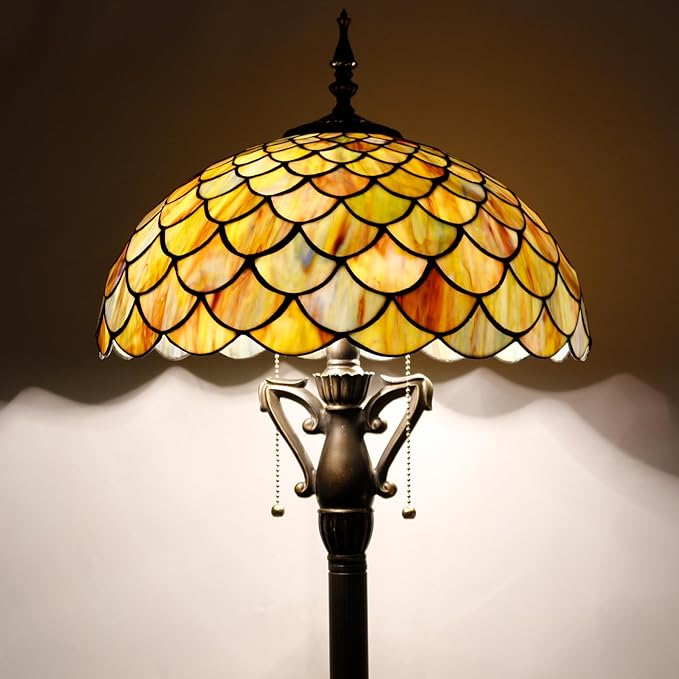 Tiffany Floor Lamp Stained Glass Standing Reading Light 16X16X64 Inch - Brown Fish Scales - LeafyLoom