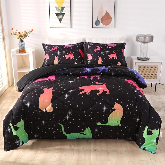 ENCOFT Comforter Set Queen for Girls and Boys, Premium 3 Piece Cats Bedding Set Black, Comfortable and Breathable for Teens and Adults, 1 Comforter and 2 Pillowcases - LeafyLoom