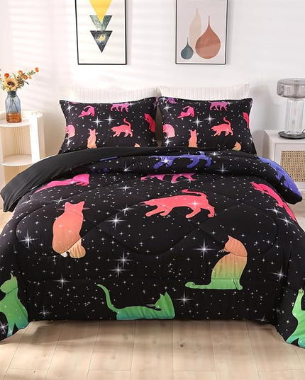 ENCOFT Cat Full Bedding Comforter Set Full for Girls and Boys Premium 3 Piece Cats Bedding Set Black Comfortable and Breathable for Teens and Adults with 1 Comforter and 2 Pillowcases - LeafyLoom
