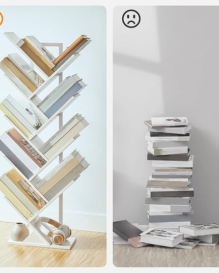 HOOBRO Tree Bookshelf, 9-Tier Bookcase Wooden Shelves, Floor Standing Storage Rack, for Display of CDs, Books in Living Room, Home Office, Wood Storage Rack for Bedroom, White WT08SJ01G1 - LeafyLoom