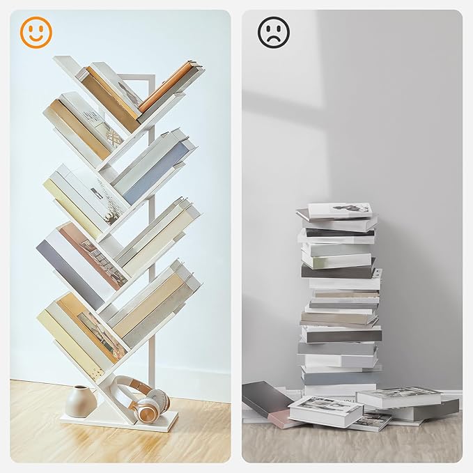 HOOBRO Tree Bookshelf, 9-Tier Bookcase Wooden Shelves, Floor Standing Storage Rack, for Display of CDs, Books in Living Room, Home Office, Wood Storage Rack for Bedroom, White WT08SJ01G1 - LeafyLoom