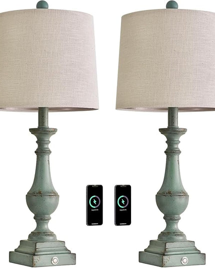 PORTRES 25.75" 3 - Way Dimmable Touch Lamps Set of 2 for Bedroom Rustic Bedside Lamp with USB A+C Charging Ports for Living room Kids Room Study Room （Green） - LeafyLoom