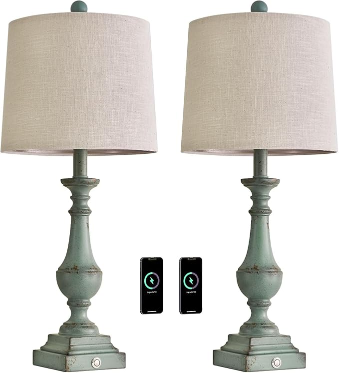 PORTRES 25.75" 3 - Way Dimmable Touch Lamps Set of 2 for Bedroom Rustic Bedside Lamp with USB A+C Charging Ports for Living room Kids Room Study Room （Green） - LeafyLoom