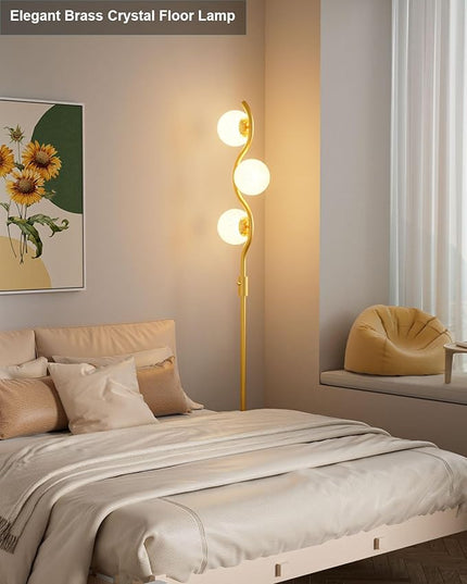 Lightdot Dimmable Brass Crystal Floor Lamp, Gold Standing Lamps for Living Room, 3PCS 3000K G9 Bulbs Included, Mid Century Modern Globe Floor Lamp for Bedroom Home Decor - LeafyLoom