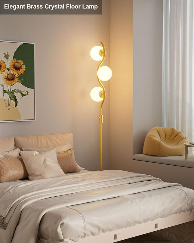 Lightdot Dimmable Brass Crystal Floor Lamp, Gold Standing Lamps for Living Room, 3PCS 3000K G9 Bulbs Included, Mid Century Modern Globe Floor Lamp for Bedroom Home Decor - LeafyLoom