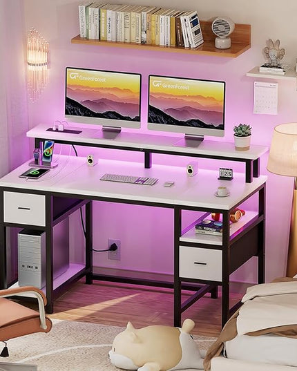 GreenForest Computer Desk with 2 Drawers and Power Outlets,50 Inch Office Desk with 2 Monitor Stands and Fabric File Cabinet, Reversible Gaming table with Led Lights and Shelves, Work Desk, White - LeafyLoom