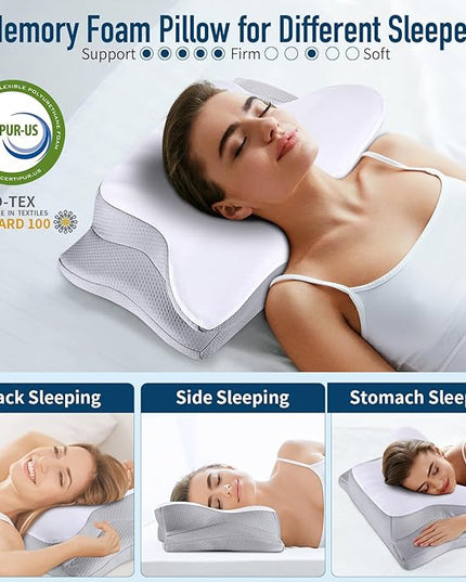 Memory Foam Pillows Cervical Neck Pillow for Neck Pain Relief, Contour Cooling Bed Pillow for Sleeping, Odorless Ergonomic Orthopedic Neck Support Pillows for Side Back Stomach Sleeper with Pillowcase - LeafyLoom