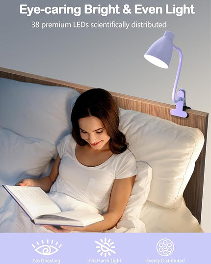 BOHON Desk Lamp with Clamp, 10W 38 LED Clip on Light, 3 Color 10 Brightness Auto Off Timer, Flexible Gooseneck Clip Lamp, Desk Lights for Office Home Bed Bedside Reading, Lilac Purple - LeafyLoom