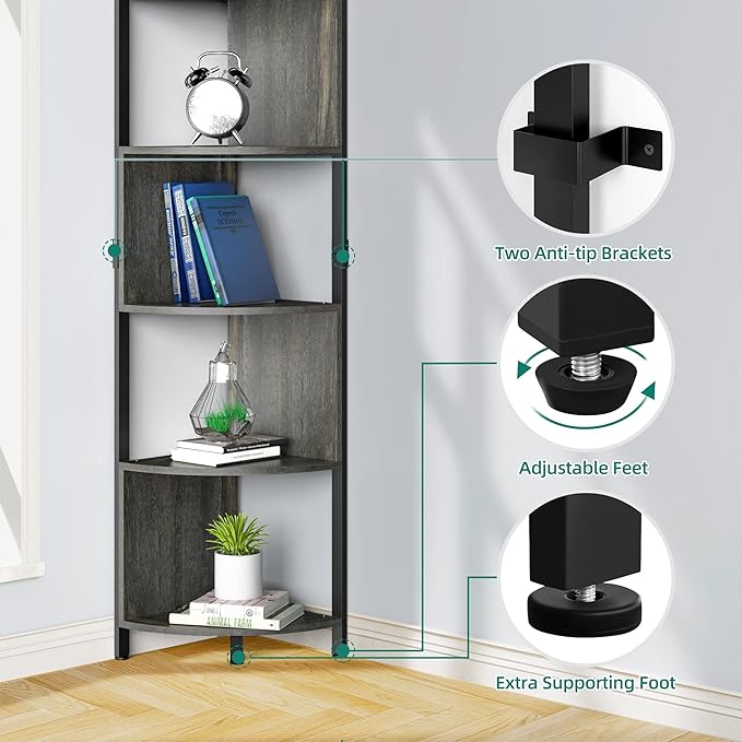 YITAHOME 6-Tier Corner Shelf, 68.8" Tall Industrial Free Standing Corner Bookshelf, 6 Shelf Display Corner Bookcase Open Small Book Shelves for Bedroom, Living Room, Small Space, Charcoal Gray + Black - LeafyLoom