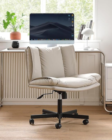 LEAGOO Armless Desk Chair, Office Chair with Wheels, PU-Leather Desk Chair, Modern Swivel Height Adjustable Office Chair with Wide Seat for Home, Office, Make Up, Bed Room - Beige - LeafyLoom