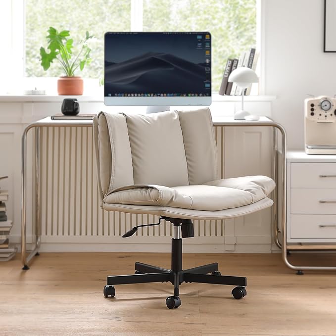 LEAGOO Armless Desk Chair, Office Chair with Wheels, PU-Leather Desk Chair, Modern Swivel Height Adjustable Office Chair with Wide Seat for Home, Office, Make Up, Bed Room - Beige - LeafyLoom