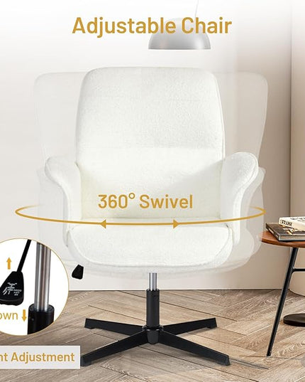 Home Office Chair, Upholstered Linen Fabric Padded Mid Back Accent Chair, Computer Desk Chairs Ergonomic No Wheels Stylish Swivel Adjustable Vanity Chair with Armrests, Beige - LeafyLoom