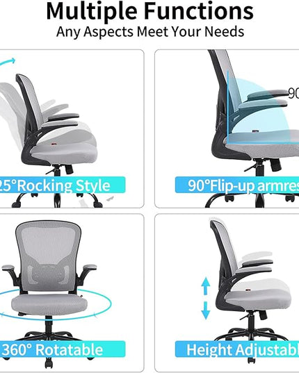 Ergonomic Office Desk Chair Breathable Mesh Swivel Computer Chair, Lumbar Back Support Task Chair, Grey Office Chairs with Flip-up Arms, Adjustable Height Executive Rolling Chair - LeafyLoom