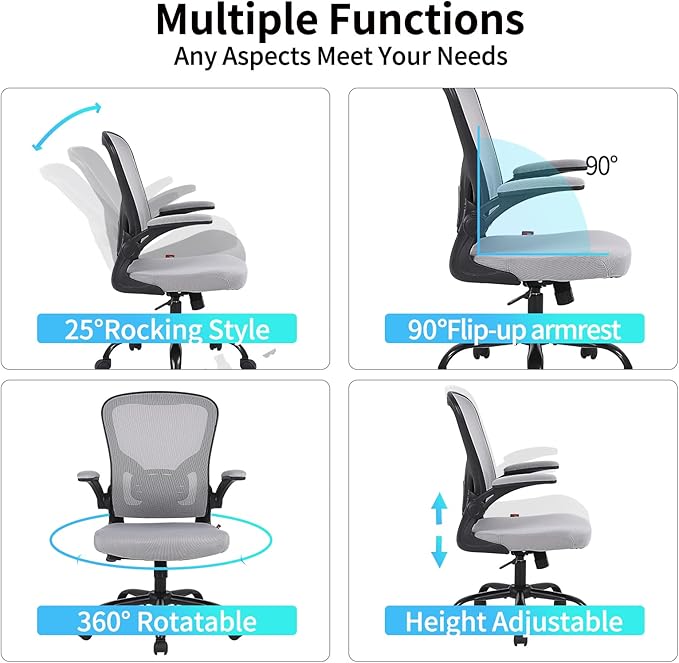 Ergonomic Office Desk Chair Breathable Mesh Swivel Computer Chair, Lumbar Back Support Task Chair, Grey Office Chairs with Flip-up Arms, Adjustable Height Executive Rolling Chair - LeafyLoom