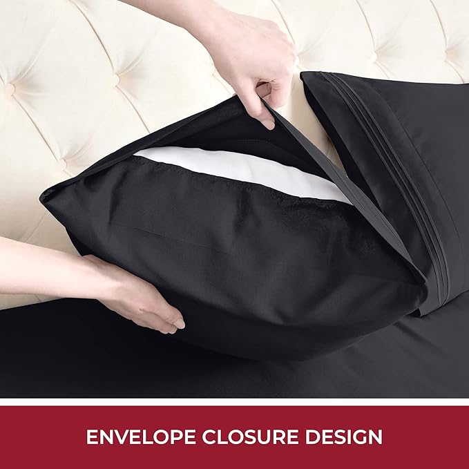 Mellanni RV Short Queen Sheets - 4 PC Iconic Collection Bedding Sheets & Pillowcases - Hotel Luxury, Extra Soft, Cooling Bed Sheets - Deep Pocket up to 10 inch (RV/Short Queen, Black) - LeafyLoom