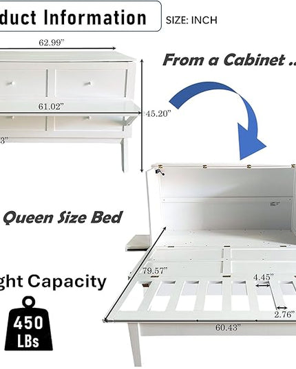 Queen Size Murphy Bed with Removable Shelves for Adults,Wood Platform Bedframe w/USB Port, Can Change into Cabinet, Save Space Design, for Bedroom, Apartments, White - LeafyLoom