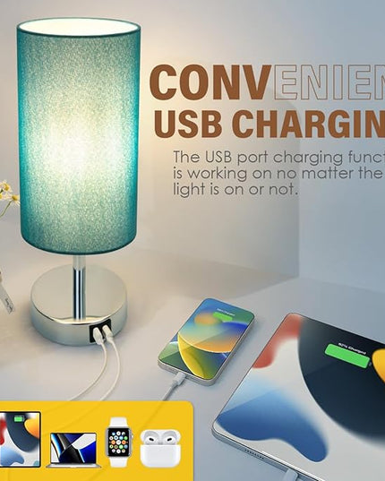 Yarra-Decor Bedside Lamp with USB port - Touch Control Table for Bedroom Wood 3 Way Dimmable Nightstand Round Denim Shade Living Room, Kids College Dorm, Office(LED Bulb Included), Td-001 Denim - LeafyLoom