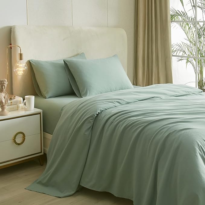 HighBuy Twin Bed Sheets Set - 3 Piece Bedding - Sage Green Washed Microfiber Sheets Twin,Breathale Sheets Shrinkage and Fade Resistant - Deep Pocket 16 Inch - Easy Fit Fitted Sheet,Pillowcases Set - LeafyLoom