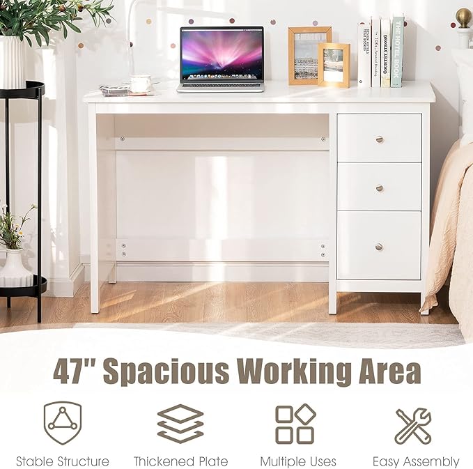 3-Drawer Computer Desk, White - LeafyLoom