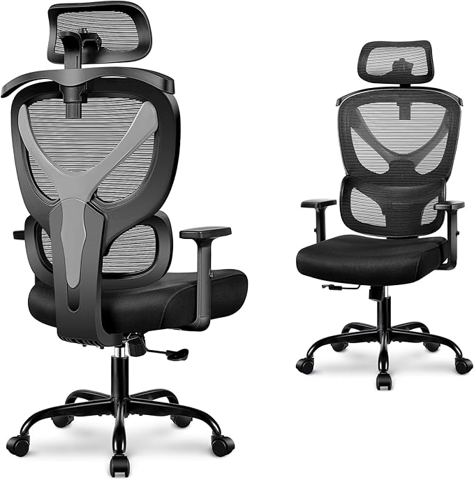 Office Chair Ergonomic Desk Chair Comfy Computer Chair, Big and Tall Home Office Chair with Back Support, Mesh Office Chair High Back Gaming Chair with Adjustable Armrest (Grey) - LeafyLoom