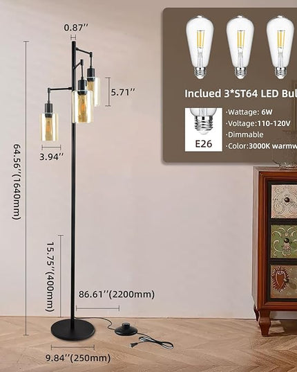 Farmhouse Floor Lamp for Living Room Bedroom, 3-Lights Floor Lamp with On/Off Foot Switch, Tall Pole Tree Standing Lamp Oil Rubbed Bronze with Amber Glass Shade, LED 3 Bulbs Included - LeafyLoom
