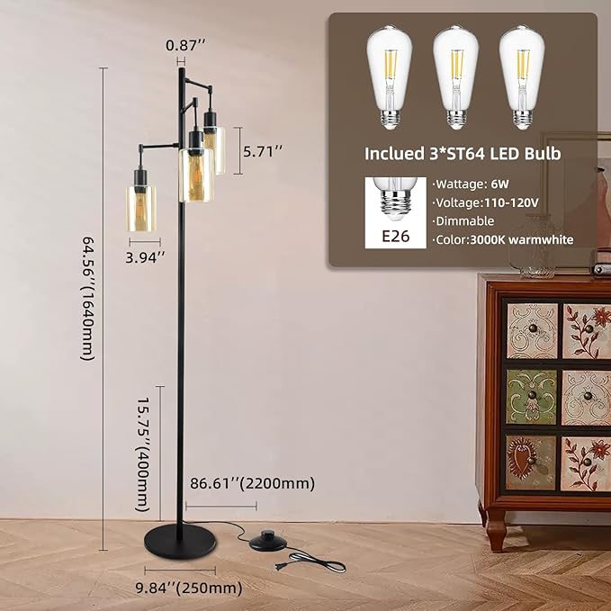 Farmhouse Floor Lamp for Living Room Bedroom, 3-Lights Floor Lamp with On/Off Foot Switch, Tall Pole Tree Standing Lamp Oil Rubbed Bronze with Amber Glass Shade, LED 3 Bulbs Included - LeafyLoom