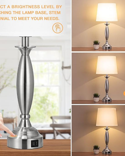 White Lamps for Bedrooms Set of 2 - Touch Control Bedside Lamp with USB C+A, 3 Way Dimmable Nightstand Lamps with USB Port, Table Lamp for Living Room(White Shade and Nickel Base) - LeafyLoom