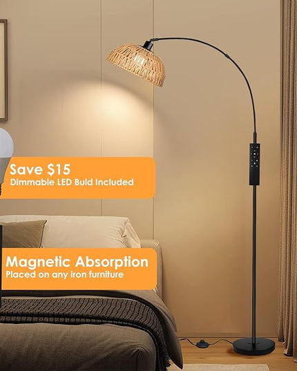 Arc Floor Lamp for Living Room,Black Standing Rattan Floor Lamp with Remote Control Dimmable,71" Tall Boho Farmhouse Adjustable Over Couch Lamp for Bedroom Office - LeafyLoom