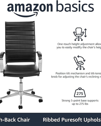 Amazon Basics Executive Modern Office Computer Desk Task Chair with Armrests, High-Back, Adjustable, Lumbar Support, 360 Swivel Rolling,330 Lb Capacity, 23.9"D x 24.69"W x 41.5"H, Black Faux Leather - LeafyLoom