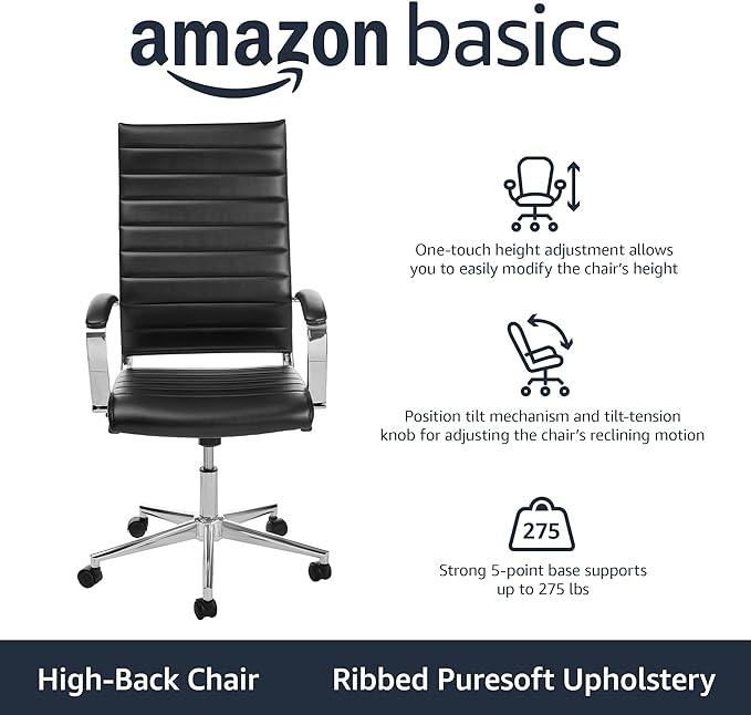 Amazon Basics Executive Modern Office Computer Desk Task Chair with Armrests, High-Back, Adjustable, Lumbar Support, 360 Swivel Rolling,330 Lb Capacity, 23.9"D x 24.69"W x 41.5"H, Black Faux Leather - LeafyLoom