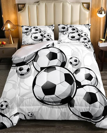 Erosebridal Boys Soccer Bedding Sets Football Down Comforter Sports Gaming Comforter Set for Kids Girls Soccer Hand Draw Quilt Set with 1 Comforter and 2 Pillow Cases King Size Black White - LeafyLoom