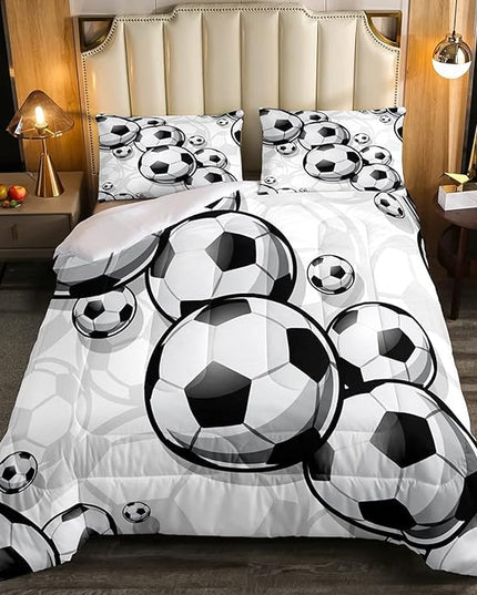 Erosebridal Boys Soccer Bedding Sets Football Down Comforter Sports Gaming Comforter Set for Kids Girls Soccer Hand Draw Quilt Set with 1 Comforter and 2 Pillow Cases Full Size Black White - LeafyLoom