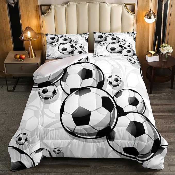 Erosebridal Boys Soccer Bedding Sets Football Down Comforter Sports Gaming Comforter Set for Kids Girls Soccer Hand Draw Quilt Set with 1 Comforter and 2 Pillow Cases Full Size Black White - LeafyLoom