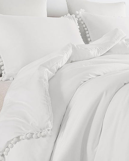 Litanika California King Comforter Set White,3 Pieces White Boho Pom Pom Lightweight Bed Comforter, All Season Soft Solid Color Bedding Comforter Sets (1 Comforter 104x96 Inch, 2 Pillowcases) - LeafyLoom
