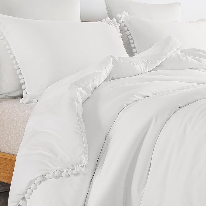 Litanika California King Comforter Set White,3 Pieces White Boho Pom Pom Lightweight Bed Comforter, All Season Soft Solid Color Bedding Comforter Sets (1 Comforter 104x96 Inch, 2 Pillowcases) - LeafyLoom