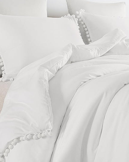 Litanika King Size Comforter Set White,3 Pieces White Boho Pom Pom Lightweight Bed Comforter, All Season Soft Solid Color Bedding Comforter Sets (1 Comforter 104x90 Inch, 2 Pillowcases) - LeafyLoom
