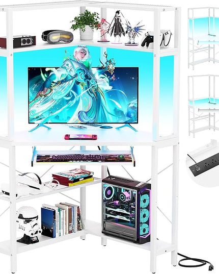 Cyclysio Small Corner Desk with Hutch, Corner Gaming Desk with LED Light & Power Outlets, Computer Desk with Keyboard Tray, Triangel Desk for Small Space, Home Office, Workstation, White - LeafyLoom