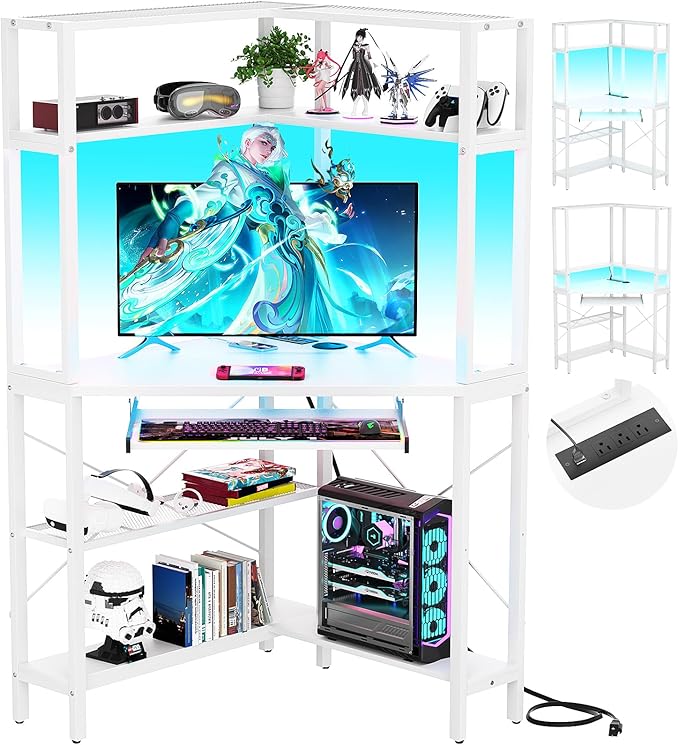 Cyclysio Small Corner Desk with Hutch, Corner Gaming Desk with LED Light & Power Outlets, Computer Desk with Keyboard Tray, Triangel Desk for Small Space, Home Office, Workstation, White - LeafyLoom