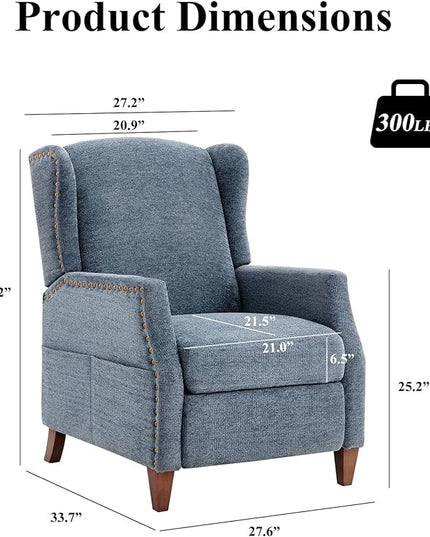 COLAMY Wingback Pushback Recliner Storage Pocket Upholstered Fabric Living Room Chair Armchair, with Wood Legs and Nailhead Trim, Dark Blue - LeafyLoom
